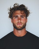 Young athletic Caucasian male with tousled brown curly hair and beard wearing black t-shirt against light background, looking directly at camera with confident expression.