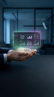 Businessman holding holographic dashboard with analytics charts, graphs and data visualization interface for business intelligence and digital transformation projects.