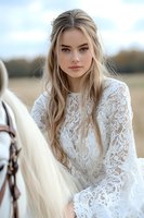 Young woman in white lace wedding dress sitting on horseback, with long blonde hair flowing in breeze against natural outdoor setting. Romantic bridal portrait.