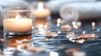 Glowing candle in glass holder with scattered rose petals floating on water surface, creating romantic atmosphere with soft bokeh lights and reflections.