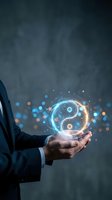 Businessman in dark suit holding glowing yin yang symbol with blue and orange light particles, representing balance, harmony, and digital technology concepts for business and wellness applications.