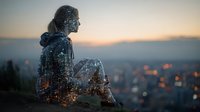 Silhouette of woman with double exposure of city lights at sunset, creating dreamy urban meditation scene overlooking cityscape.