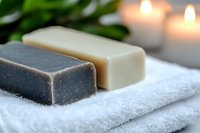 Natural handmade soap bars on white towel with candles and green leaves creating relaxing spa atmosphere for skincare and wellness routines.