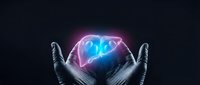 Gloved hands holding glowing neon heart with electric energy effects on dark background for medical healthcare technology concepts.