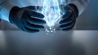 Hands in black gloves holding glowing blue digital energy sphere, representing technology, innovation, and futuristic power for business and science concepts.