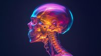 Vibrant anatomical side view of glowing skull and cervical spine in neon colors against dark background, featuring pink, blue, and orange luminescent effects.