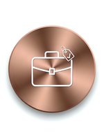 Copper metallic button with white briefcase and price tag icon for business applications and professional website design.