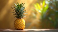 Fresh ripe pineapple on wooden surface against blurred golden bokeh background, natural sunlight creates warm atmospheric mood.