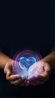 Cupped hands holding glowing blue heart with purple energy rings against dark background for wellness and healing concepts.