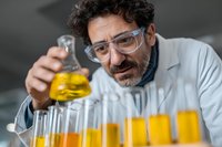 Middle-aged male scientist in lab coat and safety glasses examining yellow liquid in flask, with row of test tubes containing similar solution in foreground.