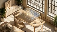 Architect working at wooden desk in bright sunlit office with large windows, potted plants, and minimalist interior design for workspace and professional environment concepts.