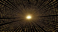 Digital binary code tunnel with golden light burst creating futuristic data stream effect for technology and cybersecurity concepts.