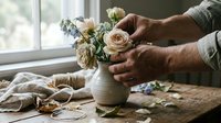 Male florist arranging fresh roses and eucalyptus in ceramic vase on rustic wooden table by window. Professional flower arrangement workshop scene.
