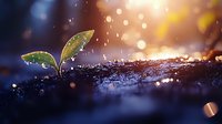 Young green seedling emerging from soil in morning light with water drops and bokeh effect, representing growth, new beginnings and environmental concepts.