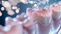 Macro view of white wavy surface with glowing pink sparkles and bokeh effects against dark blue background, creating dreamy abstract composition.