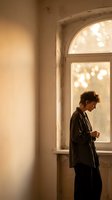 Young man in dark clothing standing by arched window with warm golden light streaming through, creating atmospheric mood in vintage interior space.