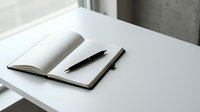 Minimalist workspace with open notebook and black pen on clean white desk surface for business planning and creative writing projects.