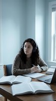 Young woman with long dark curly hair and headphones studying at wooden desk with open books, laptop, and notebook in bright minimalist room with natural light from window.