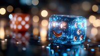 Glowing blue ice cube with smiley face design against dark background with warm bokeh lights creating magical atmosphere for entertainment concepts.