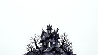 Spooky haunted mansion with gothic architecture, bare twisted trees, and eerie atmosphere on isolated white background for Halloween designs and seasonal projects.
