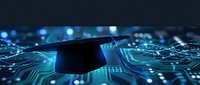 Digital education concept with graduation cap on glowing circuit board background representing online learning and technology advancement in academia.
