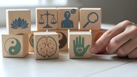 Wooden blocks with wellness and mindfulness symbols including lotus, scales, brain, yin yang and helping hand for holistic health concepts.