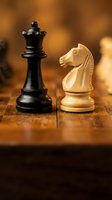 Black queen and white knight chess pieces on wooden board with warm lighting for strategy games and intellectual competition concepts.
