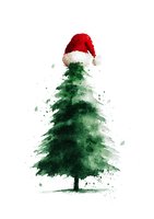 Watercolor Christmas tree with red Santa hat on white background, festive holiday art for greeting cards and seasonal designs.