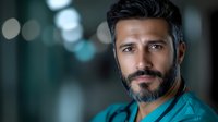 Confident middle-aged Hispanic male doctor in scrubs with beard looking at camera in modern hospital setting with soft bokeh background lighting.