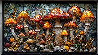 Magical glowing mushrooms in stained glass mosaic style artwork. Fantasy forest scene with red and orange amanita toadstools against dark background. Decorative nature design.