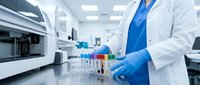 Laboratory technician in blue gloves holding test tubes with colorful samples in modern medical research facility for scientific analysis and experimentation.