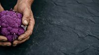 Man holding fresh purple cauliflower in hands against dark slate background, suitable for organic food, healthy eating, and farm produce marketing materials.
