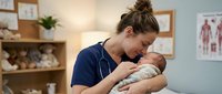 Young Caucasian female nurse in blue scrubs tenderly holding and kissing newborn baby in medical office setting with anatomical charts and shelves.