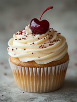 Vanilla cupcake with swirled cream frosting topped with fresh cherry and colorful sprinkles on rustic surface for bakery dessert menu and sweet treat advertising.