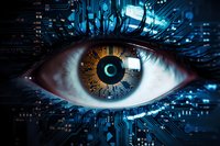 Human eye with digital circuit iris pattern on blue technology background, representing artificial intelligence, machine learning and cybernetic vision concept.