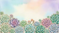 Watercolor succulent plants border frame with pastel rainbow sky background for wedding invitations, botanical art and spring garden designs.