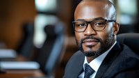 Professional African American businessman with glasses and beard in dark suit smiling confidently at camera in modern office environment for corporate communications.