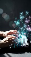 Hands typing on keyboard with glowing digital butterflies emerging, representing creativity, transformation and innovation in technology.