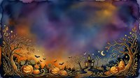 Halloween watercolor background with pumpkins, bats, haunted house, and golden swirls on a dark moody sky, perfect for seasonal cards and banners.