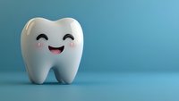 Cute smiling cartoon tooth character with happy kawaii face expression on blue background, dental care concept for children dentistry and oral hygiene education.