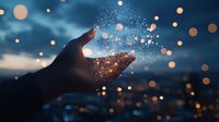 Magical glowing sparkles floating from open hand silhouette against blurred bokeh city lights background at dusk, creating dreamy atmospheric scene.