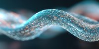 Glowing turquoise wave of particles flowing in dark space, abstract digital art with sparkling light effects and bokeh elements creating futuristic motion.