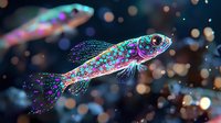 Luminescent fantasy fish with iridescent scales swimming in dark water with glowing particles and bokeh lights creating magical underwater atmosphere.