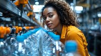 Young African American woman in yellow jacket working at modern industrial facility, examining manufacturing equipment with focused expression.