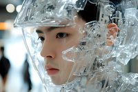 Young Asian man wearing transparent futuristic helmet with mechanical components, representing advanced technology and innovation in protective gear.