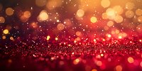 Red and gold glitter background with defocused bokeh lights creating magical sparkle effect. Abstract festive backdrop with shimmering particles.