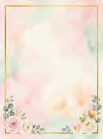 Soft watercolor background with pastel pink, green, and peach tones, gold frame border, and floral corner accents featuring roses and eucalyptus leaves. Isolated design template for invitations, greeting cards, and stationery projects.