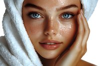 Close up portrait of young woman with bright blue eyes, glowing hydrated skin, and natural makeup wearing white towel on head after spa treatment.