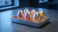 Modern metallic heart-shaped sculptures with copper and gold finishes displayed on silver tray in contemporary interior setting for luxury decor concepts.