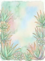Watercolor succulent and aloe vera border frame with pastel green, pink, and blue tones, copy space in center for text or design.